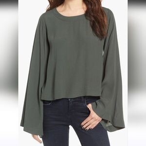 BP Bell Sleeve Blouse Flowy Green Wood Olive Top Oversized Forest Fairy Size XS